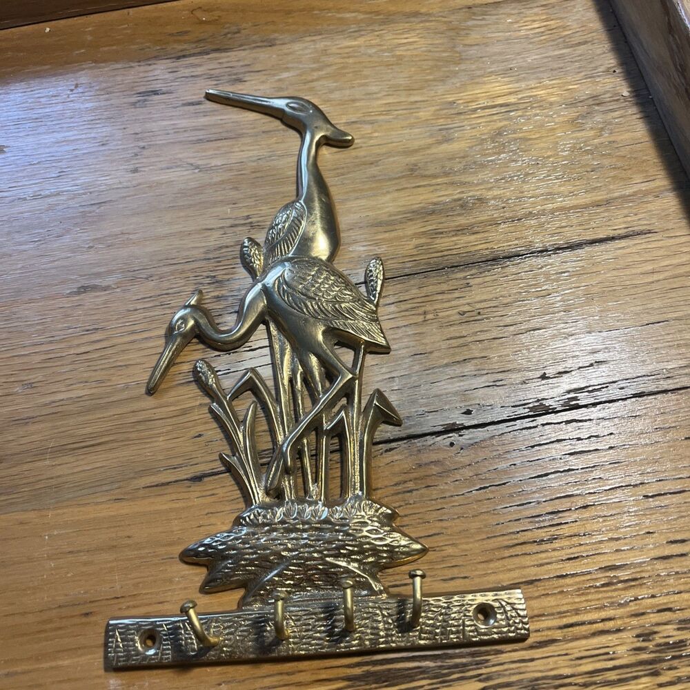 Vintage Solid Brass Heron & Cranes Wall Key Rack Mid Century/modern Boho
